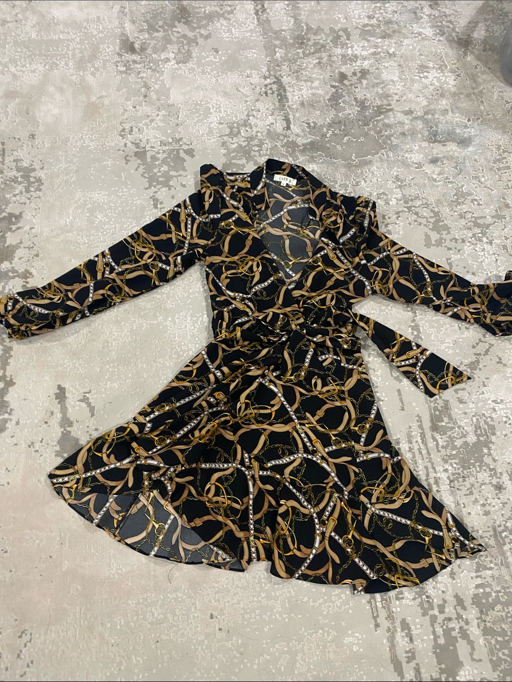 Black Chain-Print Long Sleeve Wrap Dress